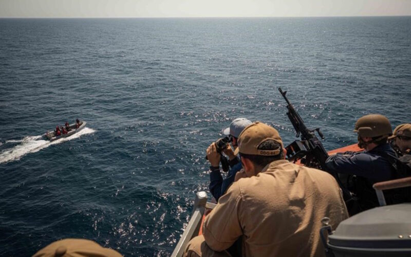 Sailors assigned to the USS Carney respond to a small-craft vessel during an antiterrorism drill in the area of operations of the U.S. Navy’s 5th Fleet, Dec. 6, 2023. / Photo By: Navy Petty Officer 2nd Class Aaron Lau / defense.gov