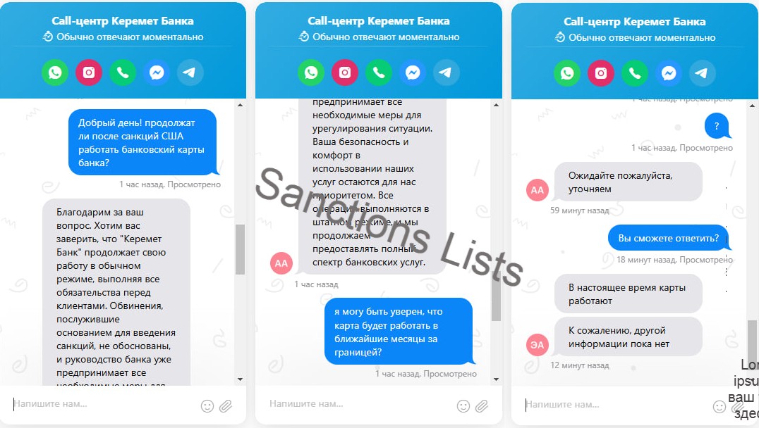 Correspondence with the bank's support service / SanctionsLists.org